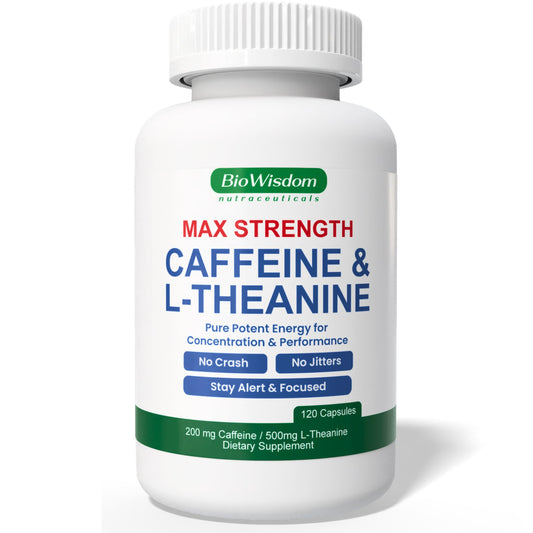 BioWisdom Max Strength caffeine L-Theanine pills bottle front shows the label for focused energy.