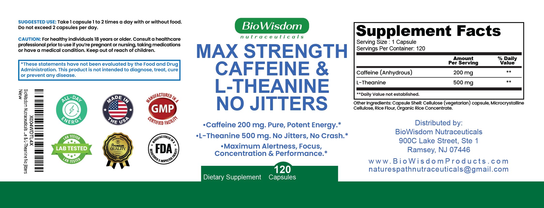 BioWisdom capsules closeup highlights 200mg caffeine and 500mg L-Theanine for calm focus.