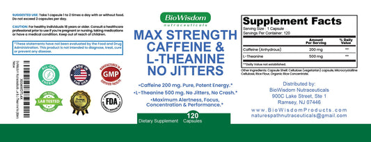 BioWisdom capsules closeup highlights 200mg caffeine and 500mg L-Theanine for calm focus.