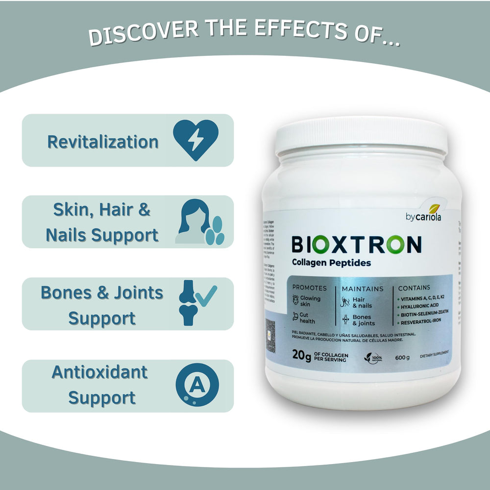 Bioxtron Collagen Peptides Powder label close-up showcasing ingredients and benefits for vitality.