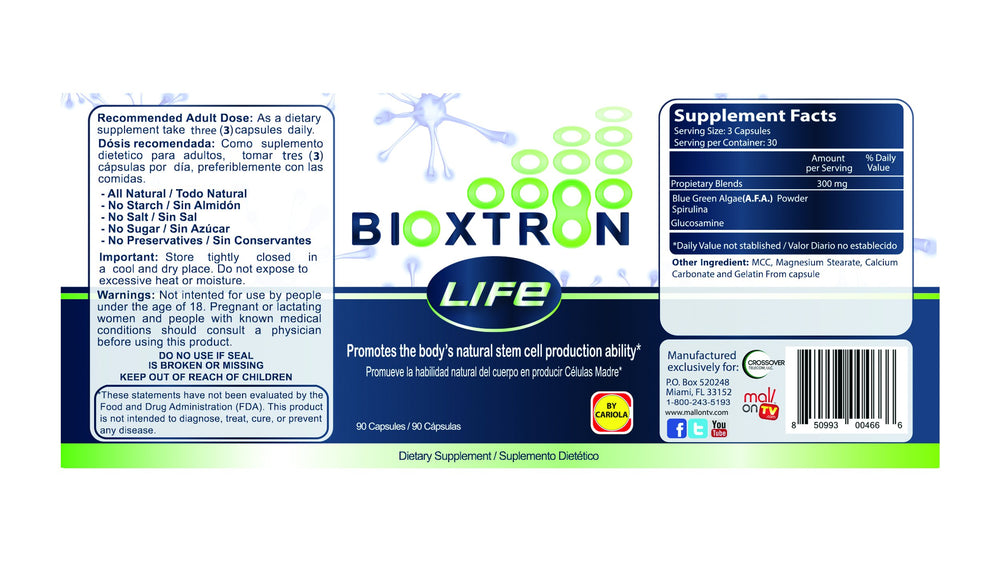 Blue-green algae ingredient panel on Bioxtron Life supplement label highlighting nutrients.