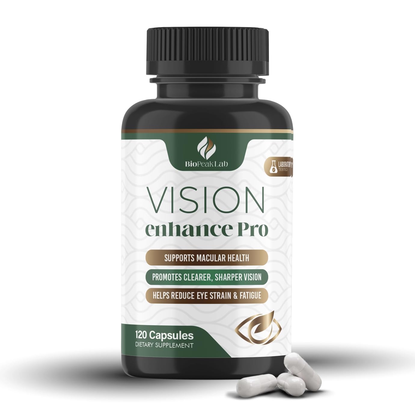 BioPeak Lab Vision Enhance Pro bottle close-up showing capsules for daily eye wellness