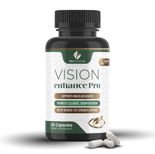 BioPeak Lab Vision Enhance Pro bottle close-up showing capsules for daily eye wellness