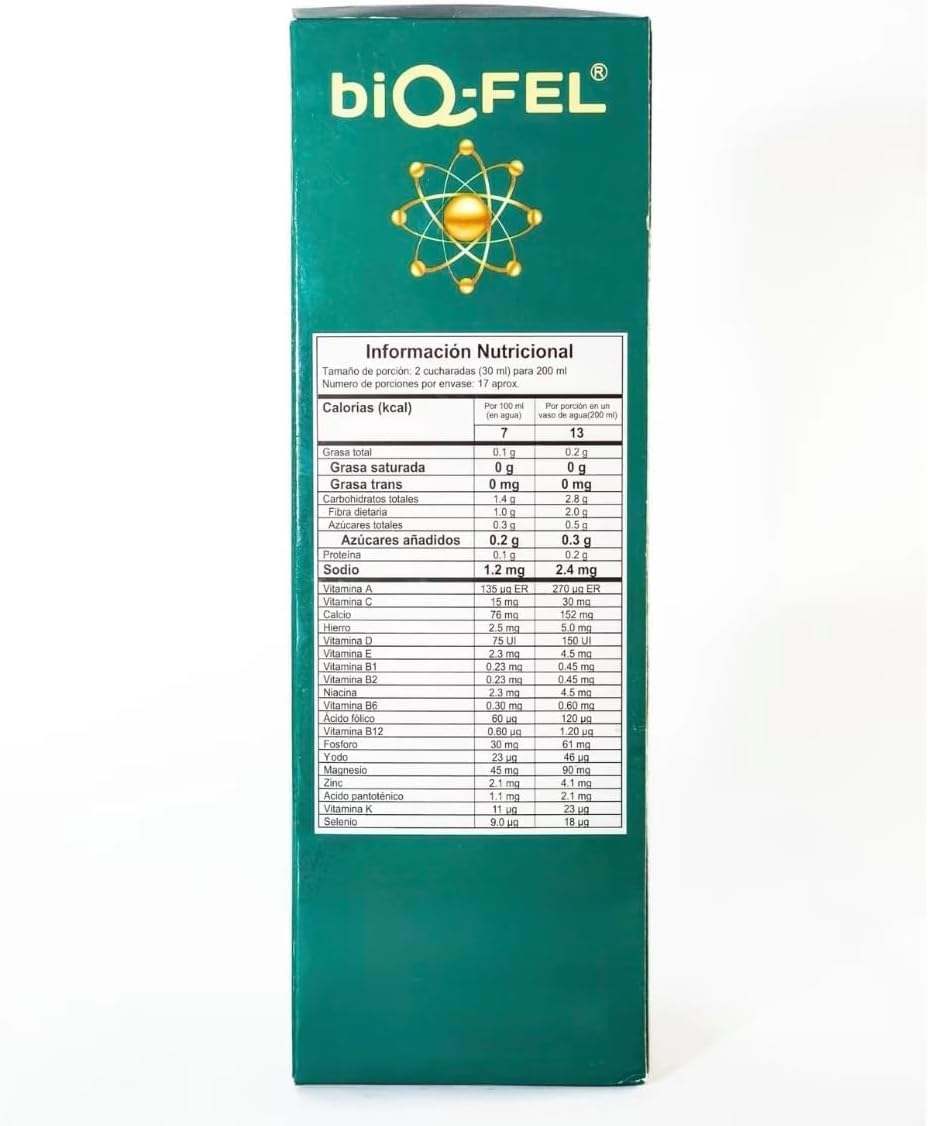 biQ-FEL bottle label close-up highlights plant-based wellness formula.