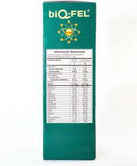 biQ-FEL bottle label close-up highlights plant-based wellness formula.