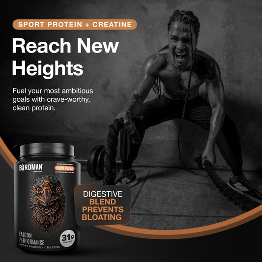 Birdman Falcon chocolate protein scoop highlights vegan, sugar-free nutrition