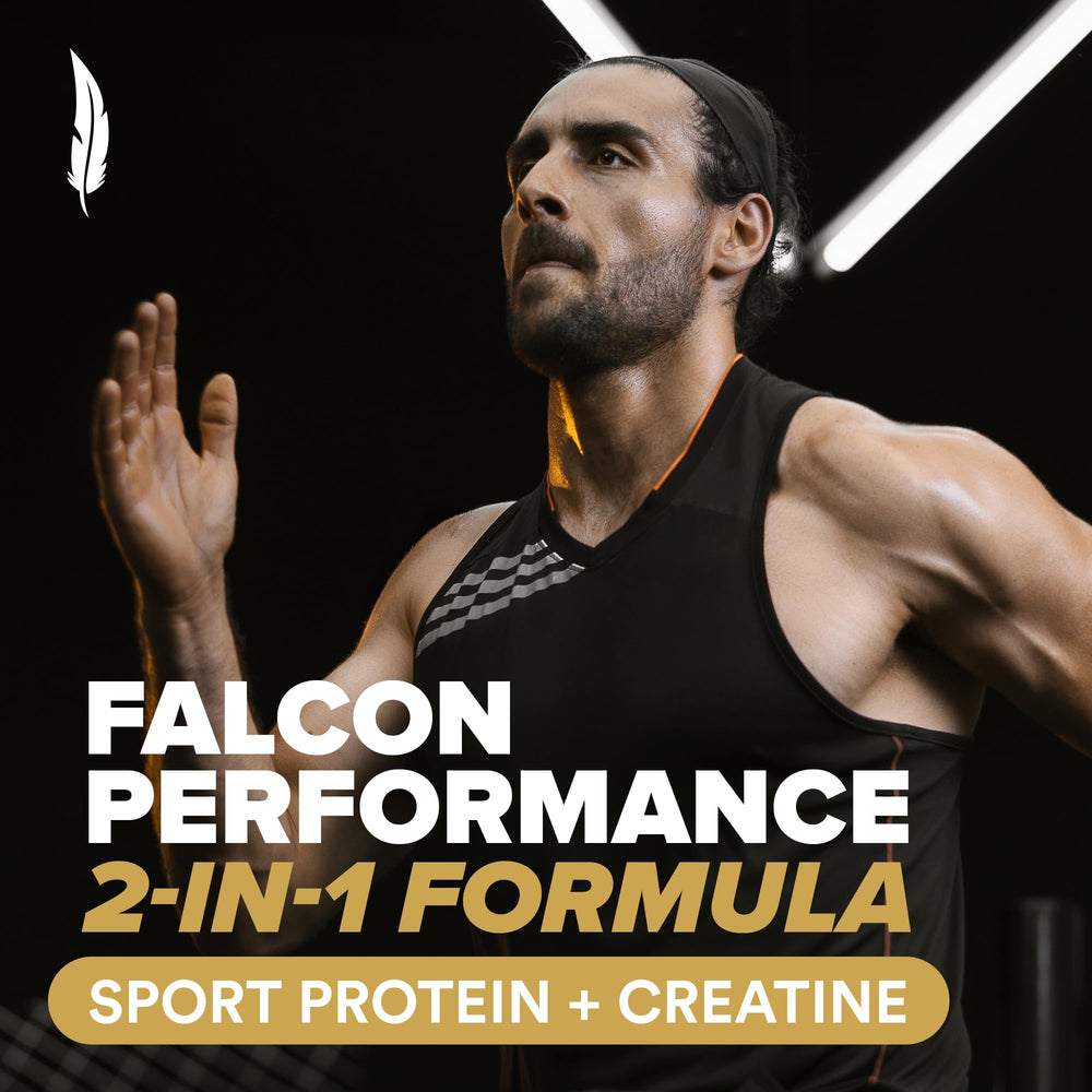 Close-up of BirdMAN Falcon Performance bottle showing protein and BCAA blend.