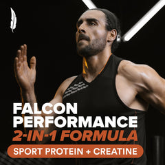 Birdman Falcon Performance chocolate powder being poured into a shaker for a shake.