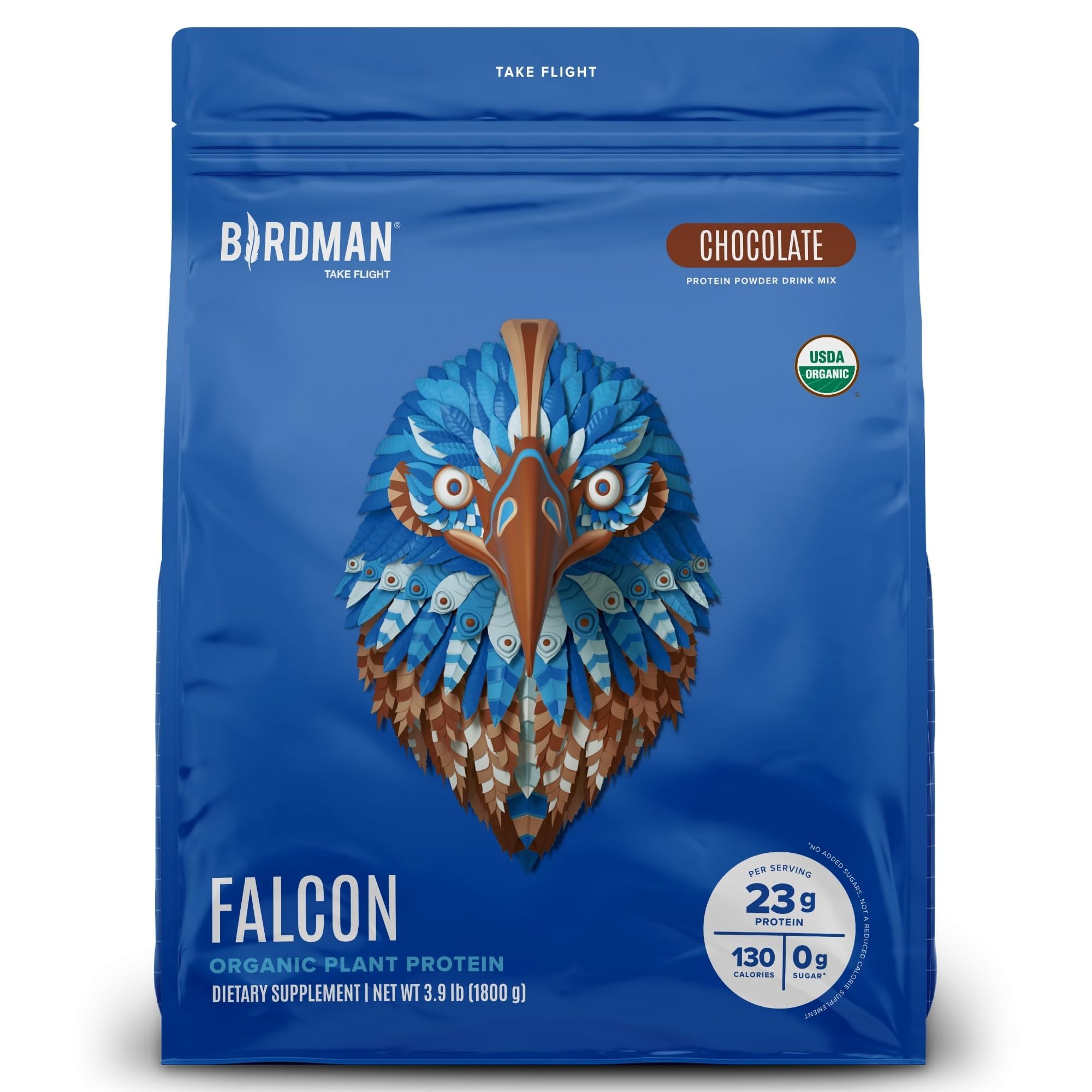 BIRDMAN Falcon tub front showing organic vegan protein label for daily nutrition