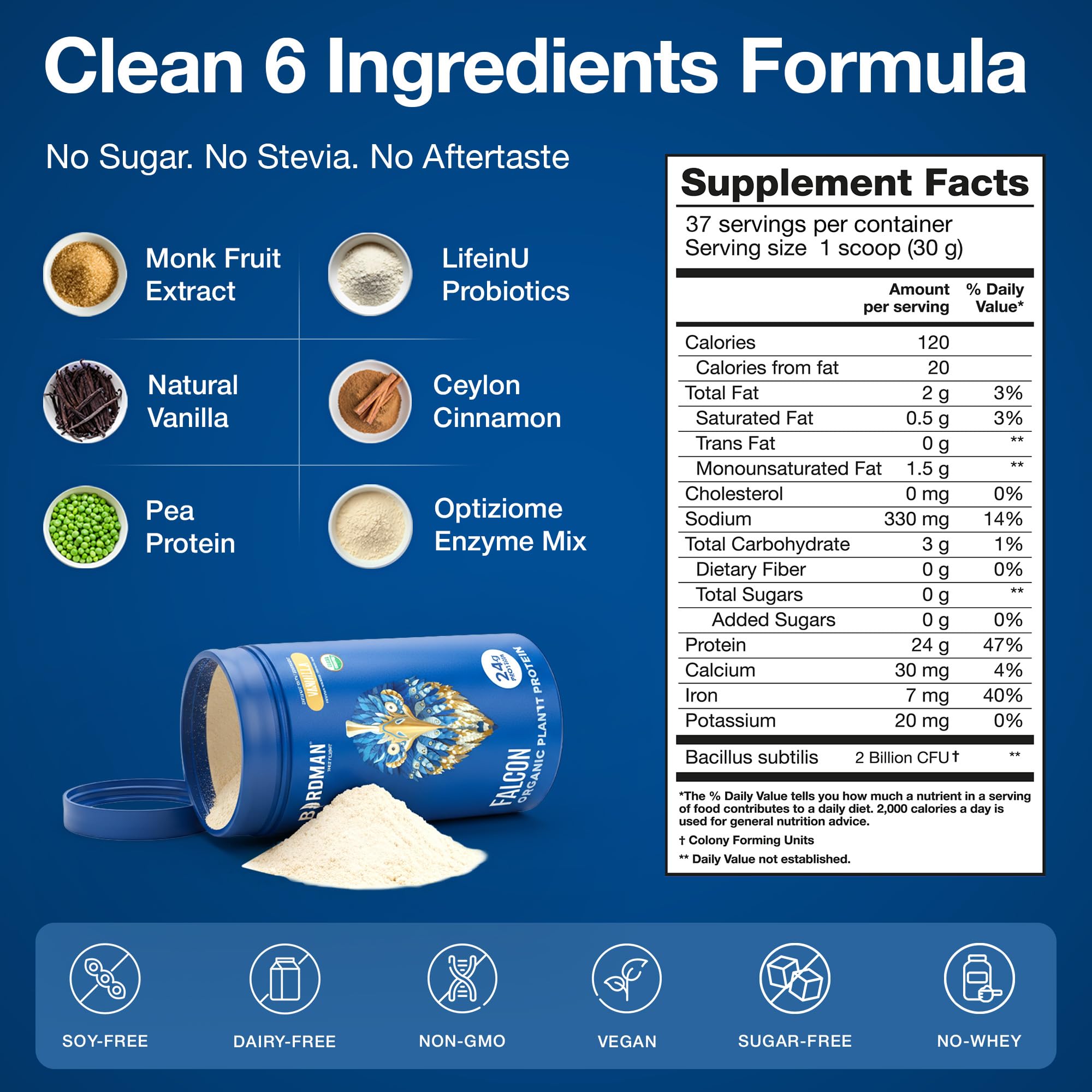 Birdman Falcon vanilla protein bag open with ingredients close-up.