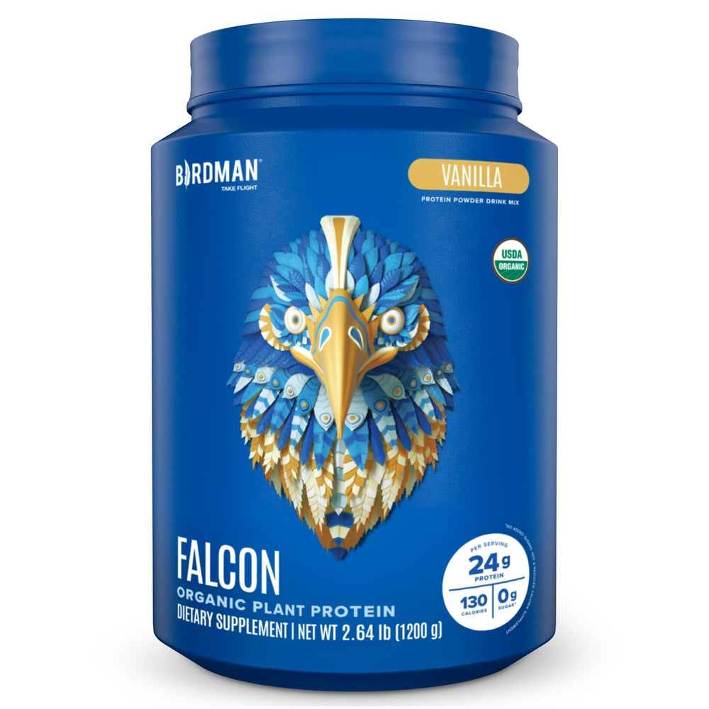 Birdman Falcon vanilla protein powder jar shows clean ingredients for daily nutrition.