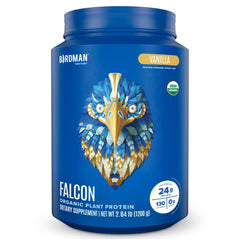 Birdman Falcon vanilla protein powder jar shows clean ingredients for daily nutrition.