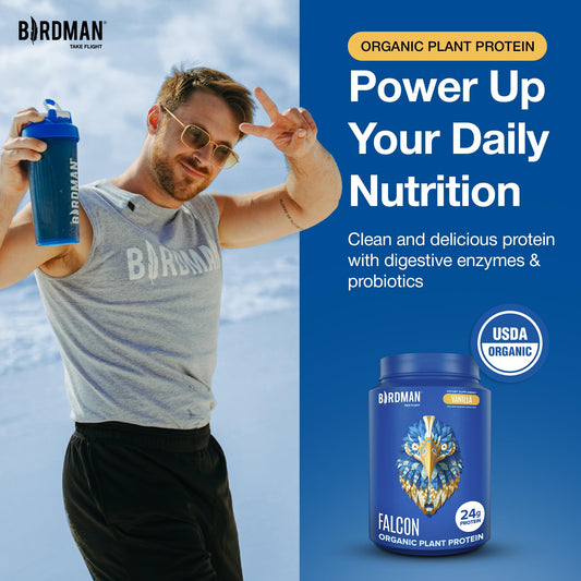Birdman Falcon vanilla protein shake ready in glass for a dairy-free boost.