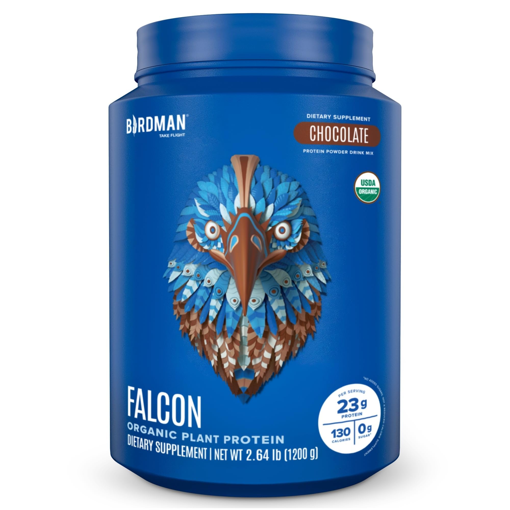 Birdman Falcon vegan protein chocolate front label highlights organic, sugar-free protein