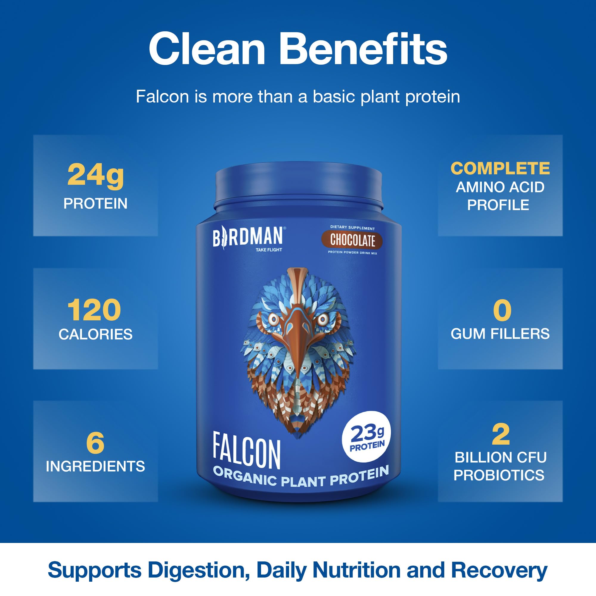 Birdman Falcon vegan protein chocolate ingredients panel emphasizes minimal natural components