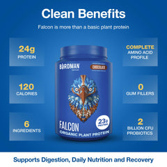 Birdman Falcon vegan protein chocolate ingredients panel emphasizes minimal natural components