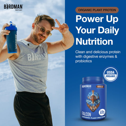 Birdman Falcon vegan protein chocolate scoop with glass shows convenient mix-ready nutrition