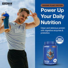 Birdman Falcon vegan protein chocolate scoop with glass shows convenient mix-ready nutrition