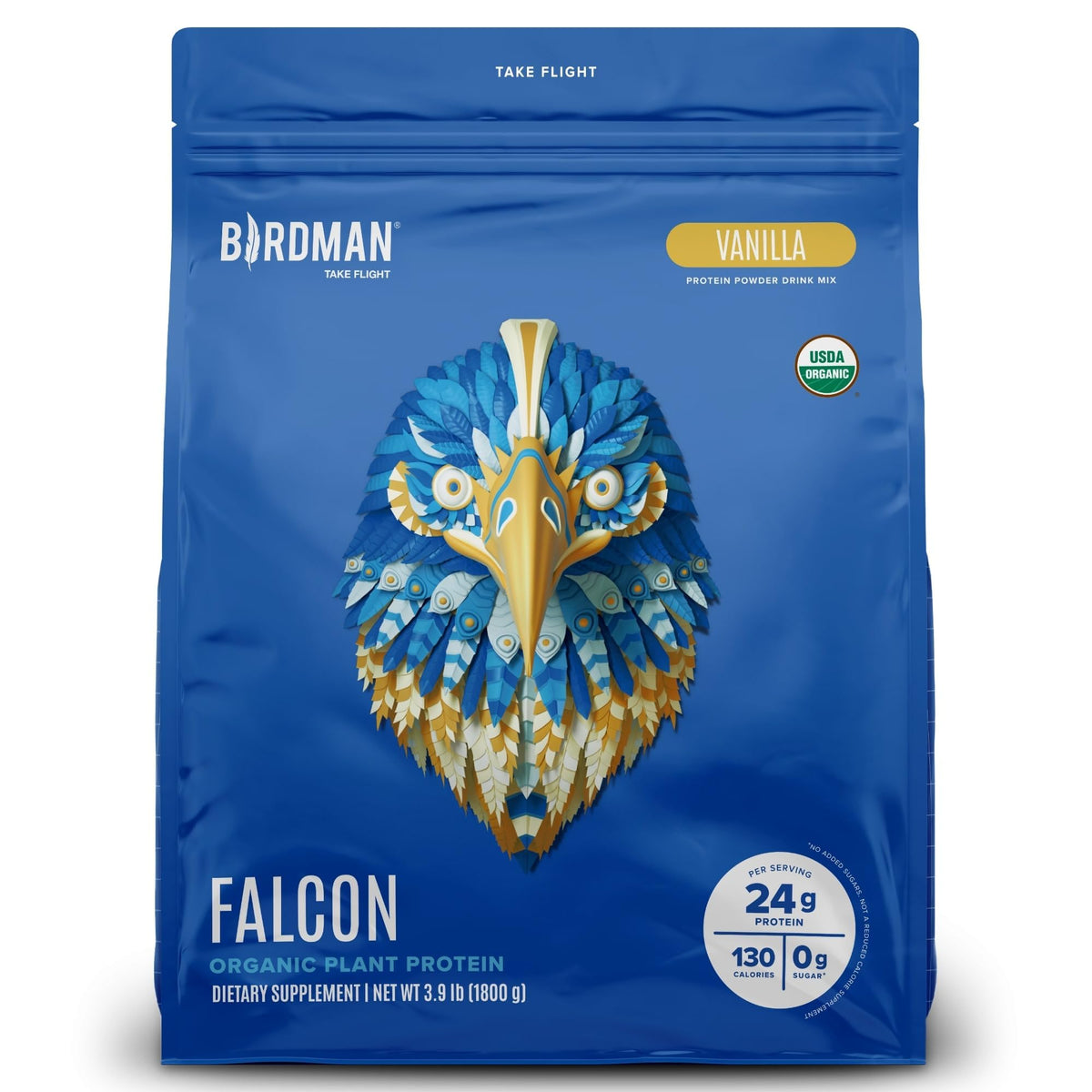 Birdman Falcon vanilla vegan protein powder tub for smooth shakes