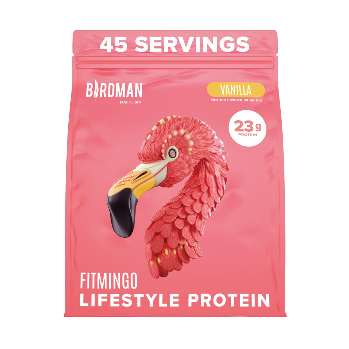 Birdman Fitmingo blueberry powder in a tin, ideal for quick shakes.