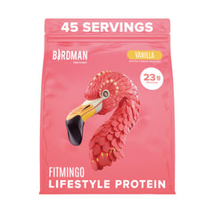 Birdman Fitmingo blueberry powder in a tin, ideal for quick shakes.