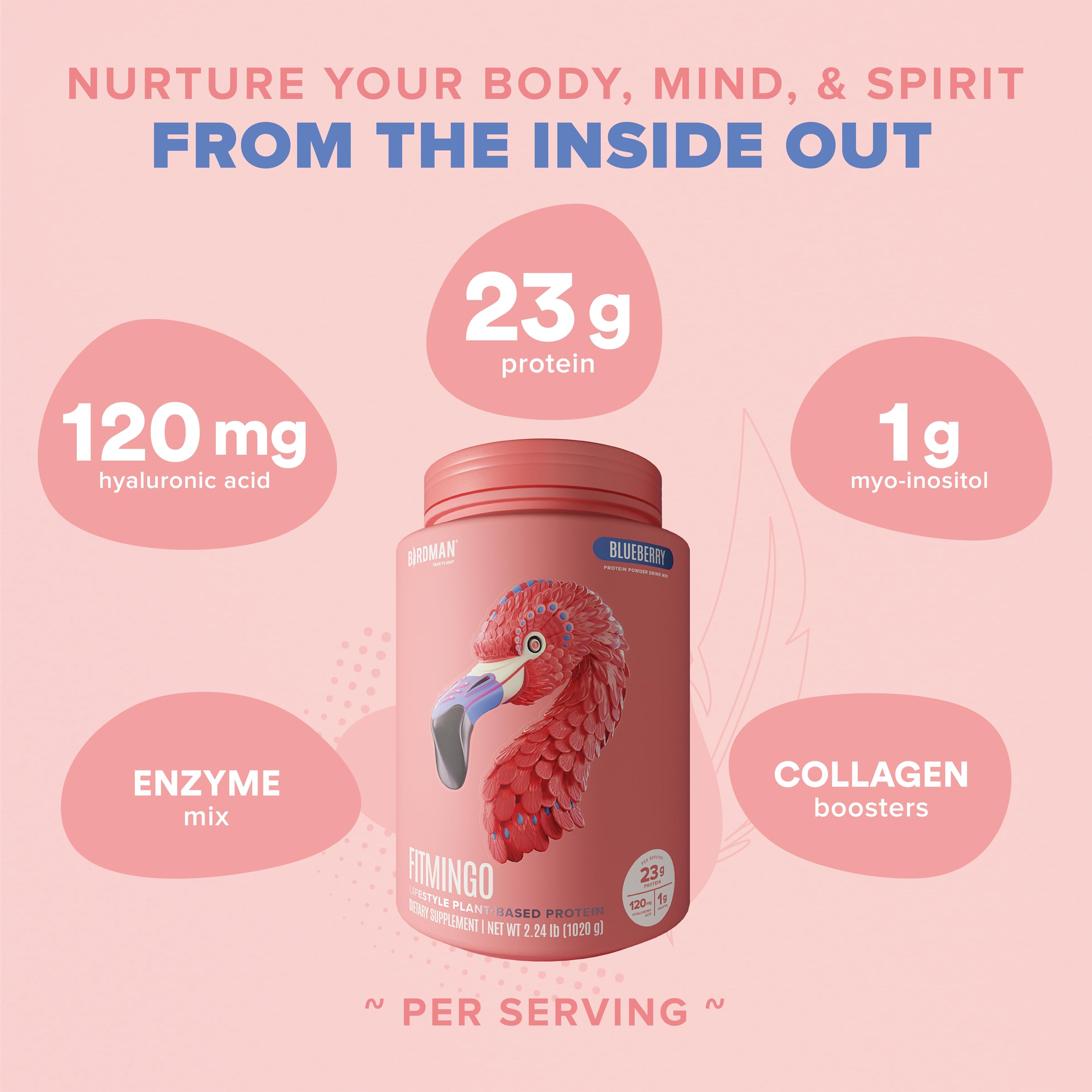BIRDMAN Fitmingo blueberry protein powder shake glass demonstrates dairy-free post-workout hydration.