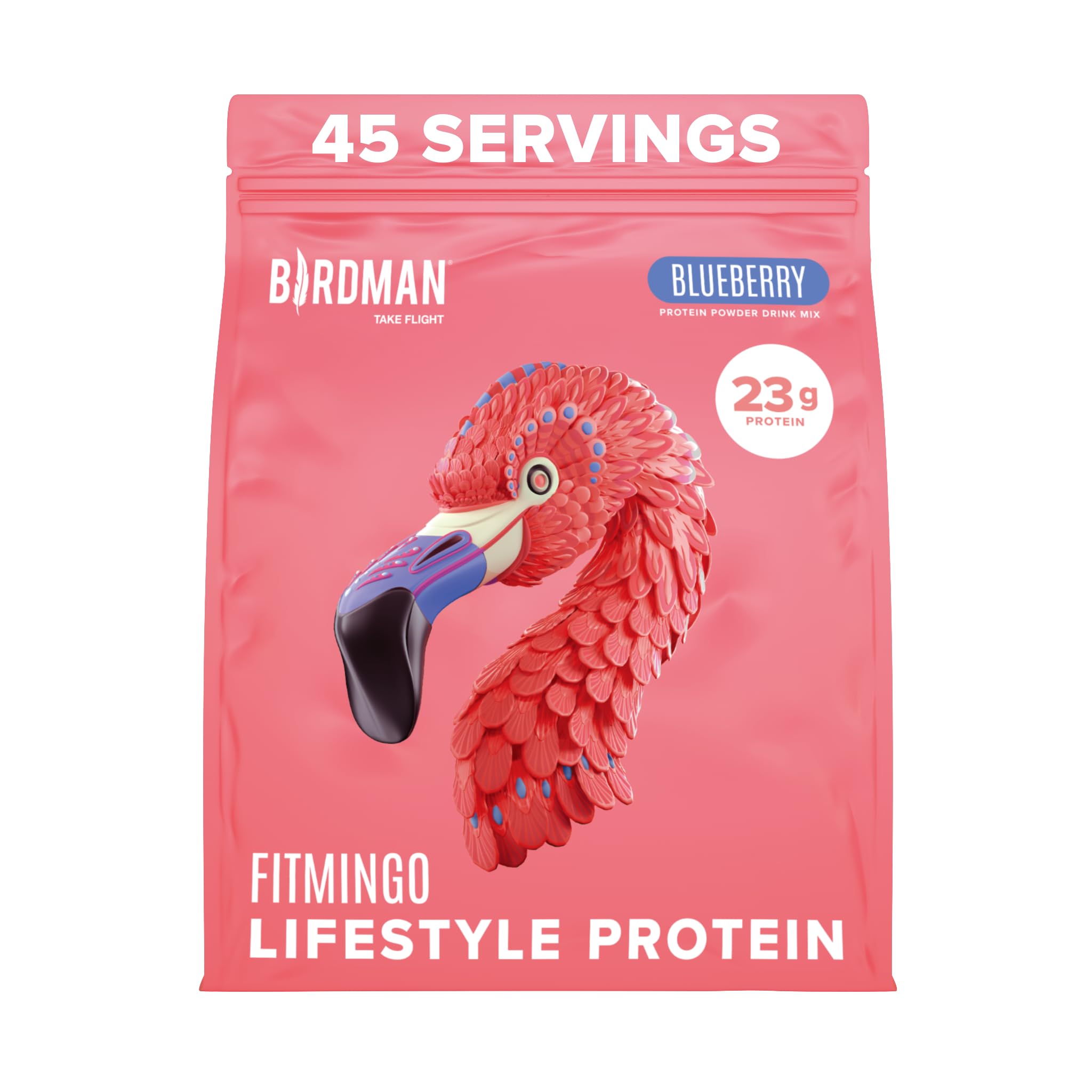 Birdman Fitmingo blueberry protein powder tub supports daily vegan protein needs.