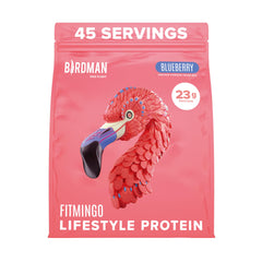 Birdman Fitmingo blueberry protein powder tub supports daily vegan protein needs.