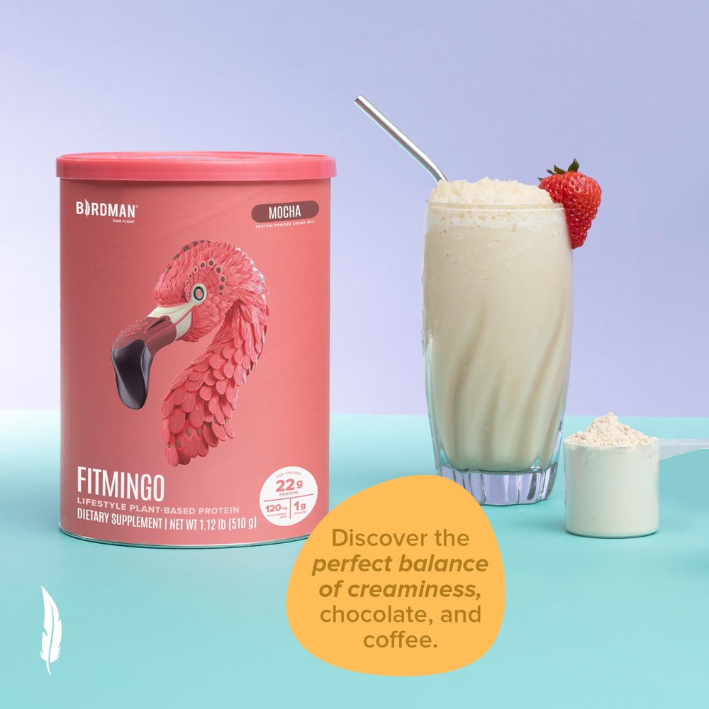 Birdman Fitmingo finished shake glass shows creamy blueberry flavor experience