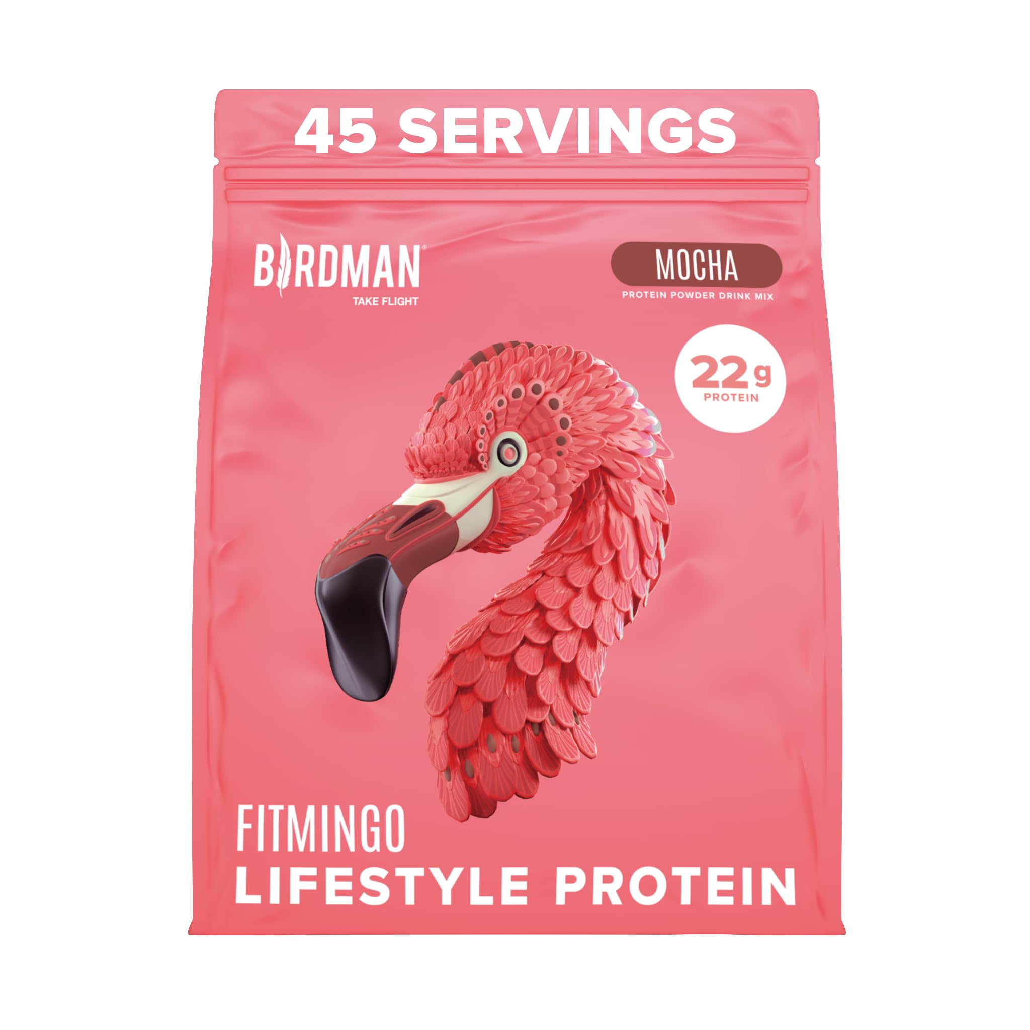 Birdman Fitmingo mocha protein packaging highlights plant-based protein and clean ingredients