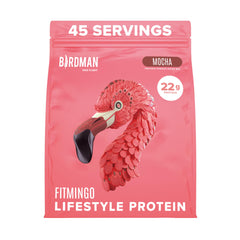 Birdman Fitmingo mocha protein packaging highlights plant-based protein and clean ingredients