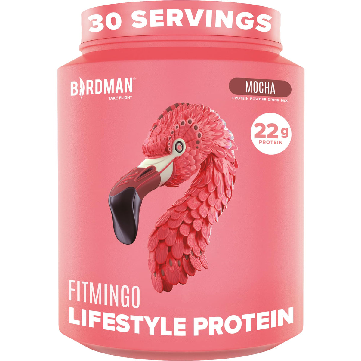 Birdman Fitmingo tub front label highlighting plant-based protein for workouts