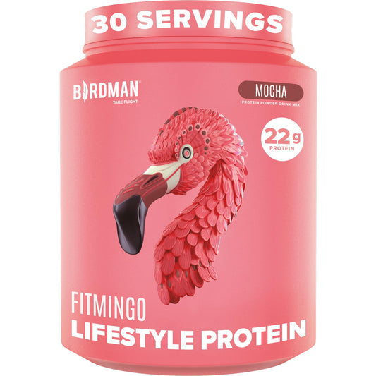 Birdman Fitmingo tub front label highlighting plant-based protein for workouts