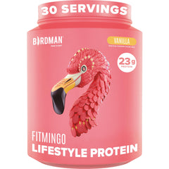 BIRDMAN Fitmingo vanilla protein container with premium packaging and plant-based nutrition