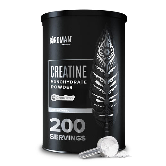 Birdman micronized creatine powder bottle enhances performance with vegan formula
