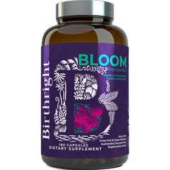 Birthright Bloom bottle close-up shows glass packaging for a purer supplement experience.