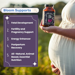 Birthright Bloom fish-roe visual suggests nutrient-dense, whole-food prenatal support.