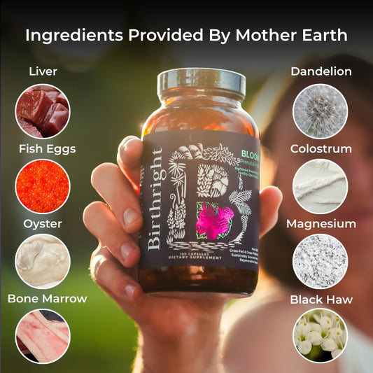 Birthright Bloom glass bottle emphasizes purity and convenient daily use.