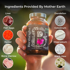 Birthright Bloom glass bottle emphasizes purity and convenient daily use.