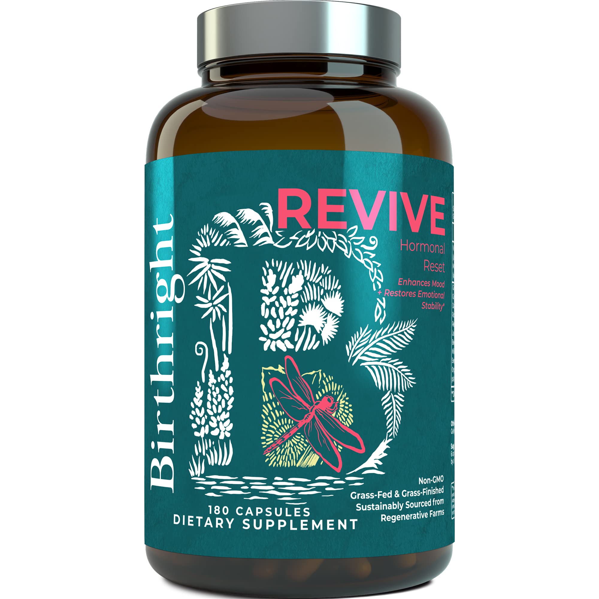 Birthright Revive bottle closeup showing natural herbal hormone support