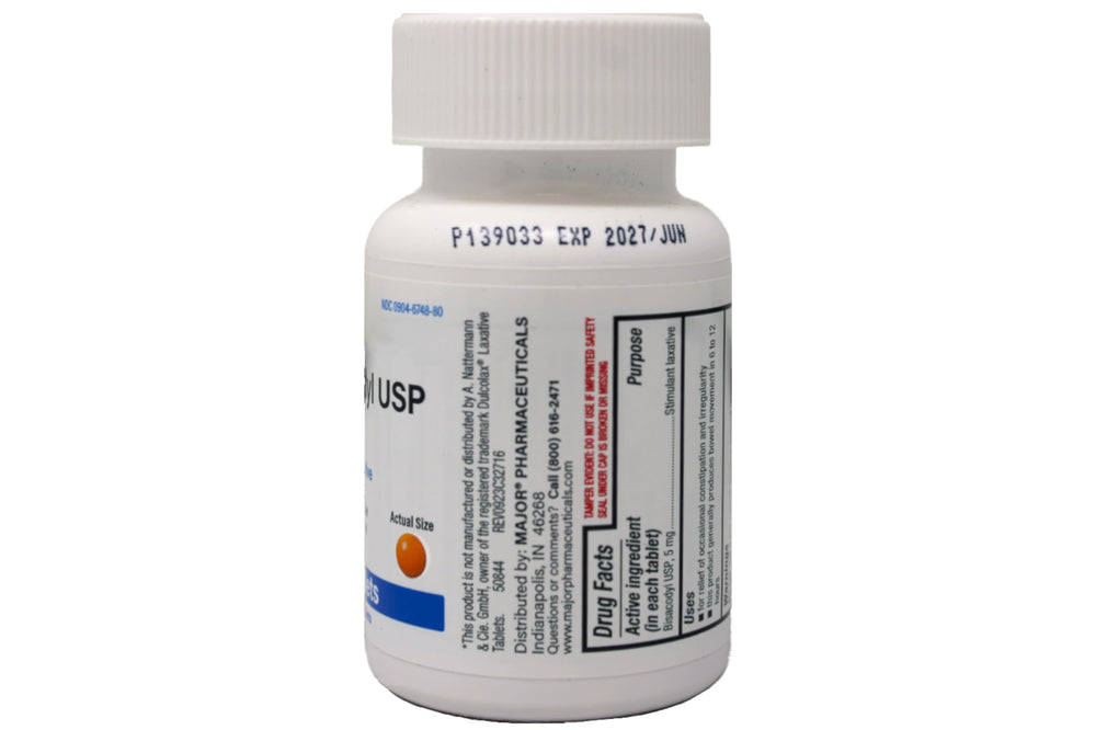 Bisacodyl 5 mg warning icon with cautions.