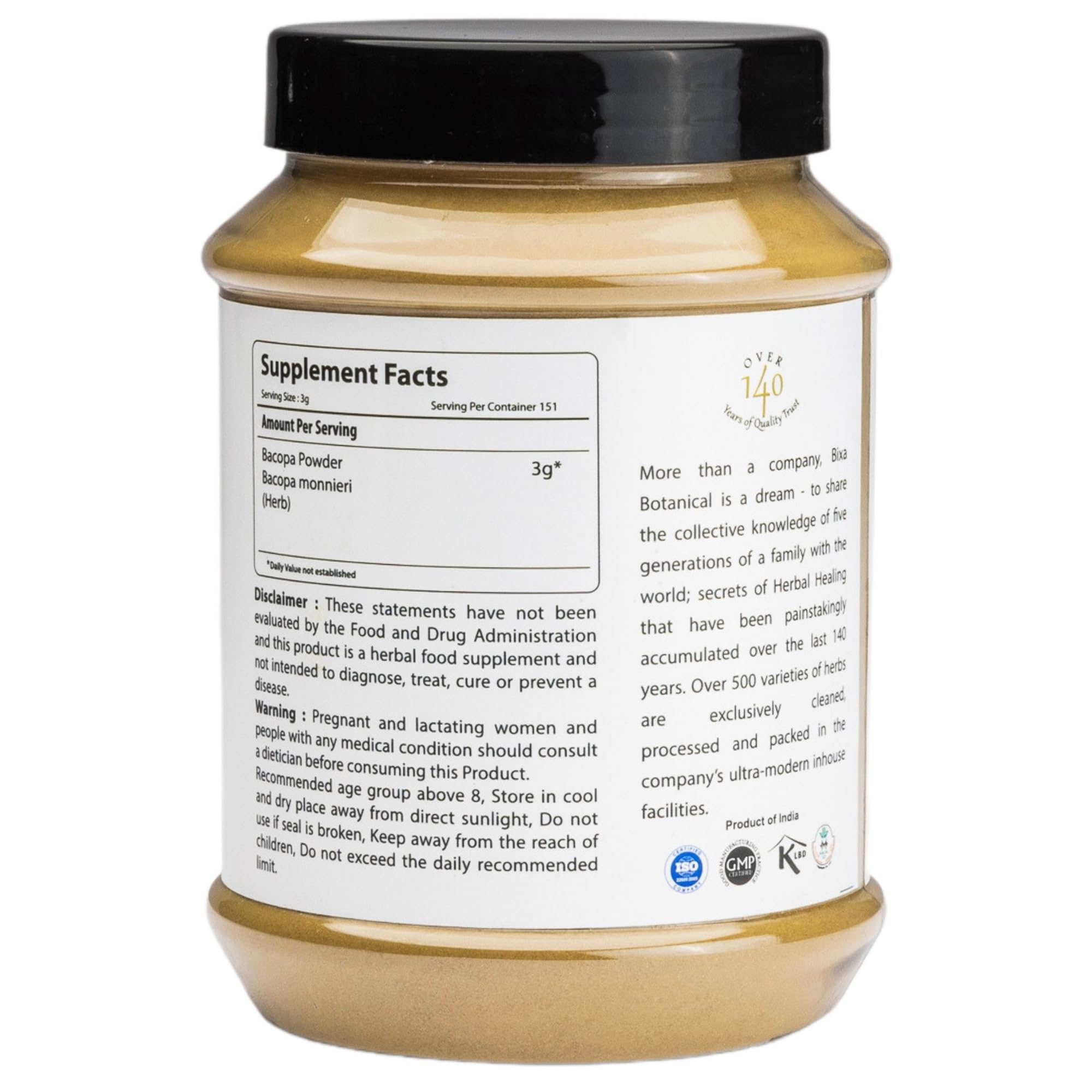 bixa BOTANICAL Bacopa powder jar closeup highlights premium quality.