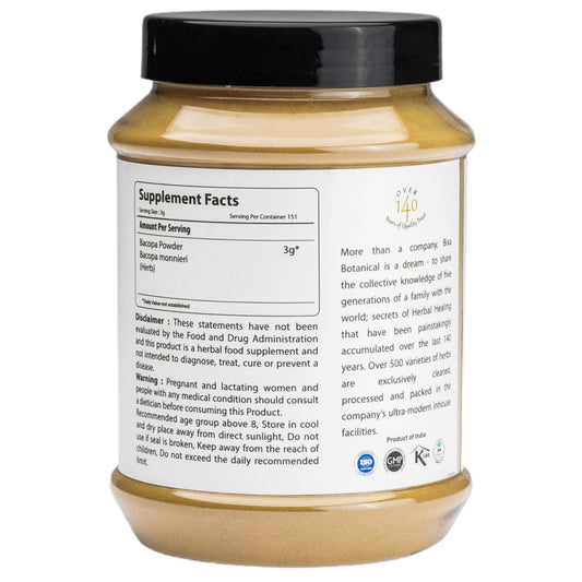 bixa BOTANICAL Bacopa powder jar closeup highlights premium quality.