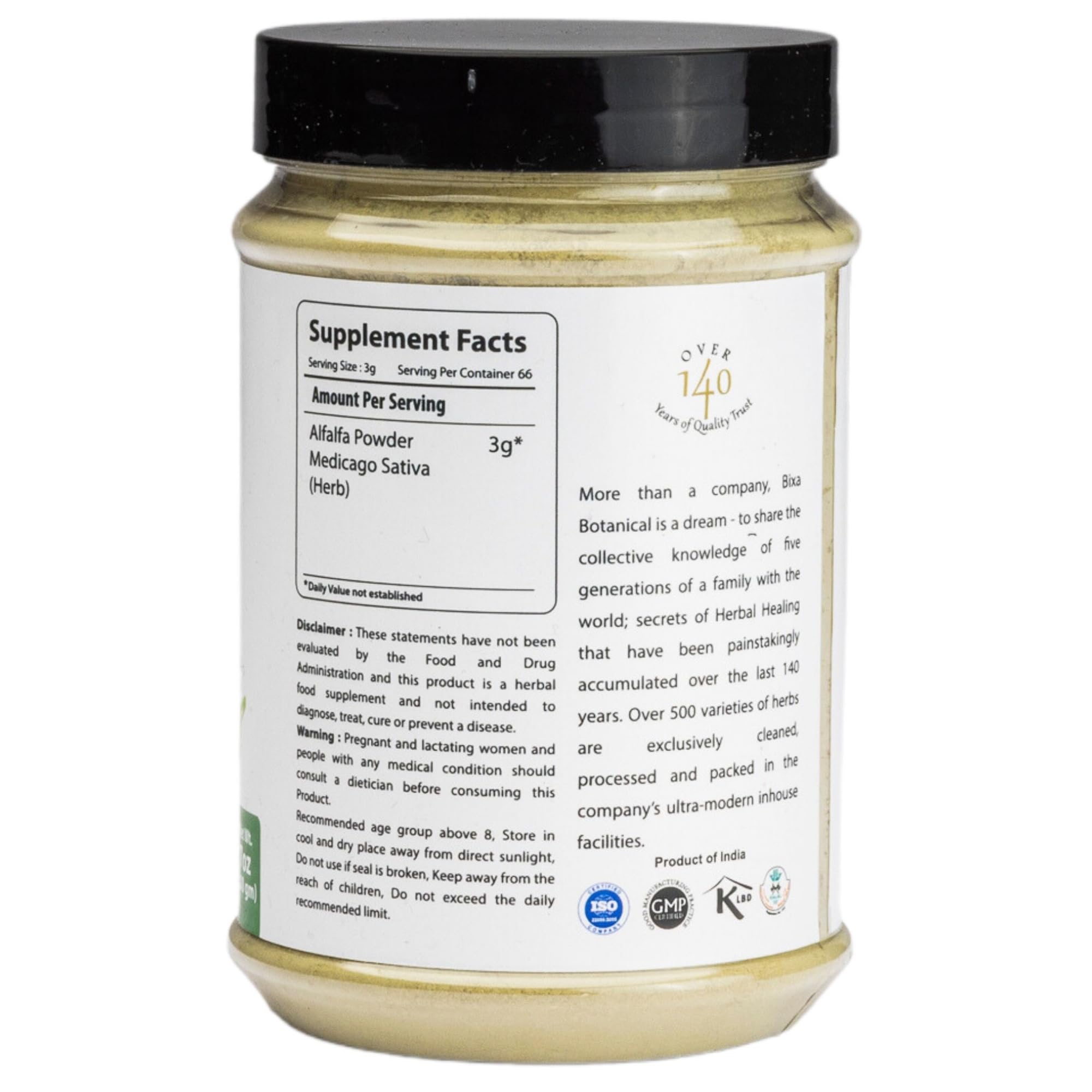 bixa BOTANICAL Alfalfa Powder packaging back with usage notes