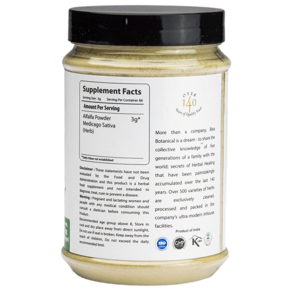 bixa BOTANICAL Alfalfa Powder packaging back with usage notes