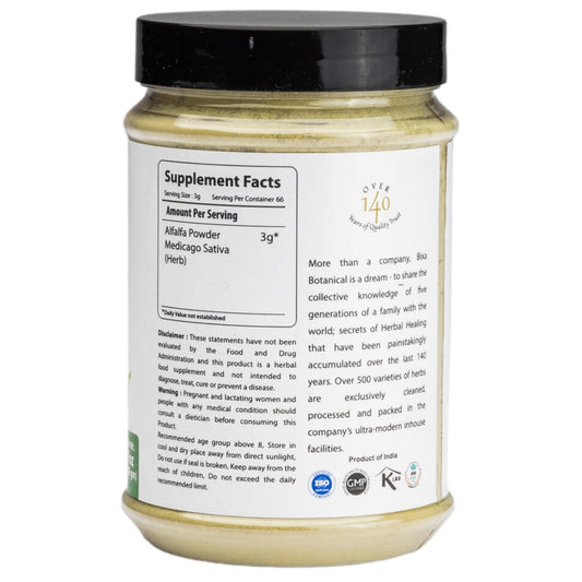 bixa BOTANICAL Alfalfa Powder packaging back with usage notes
