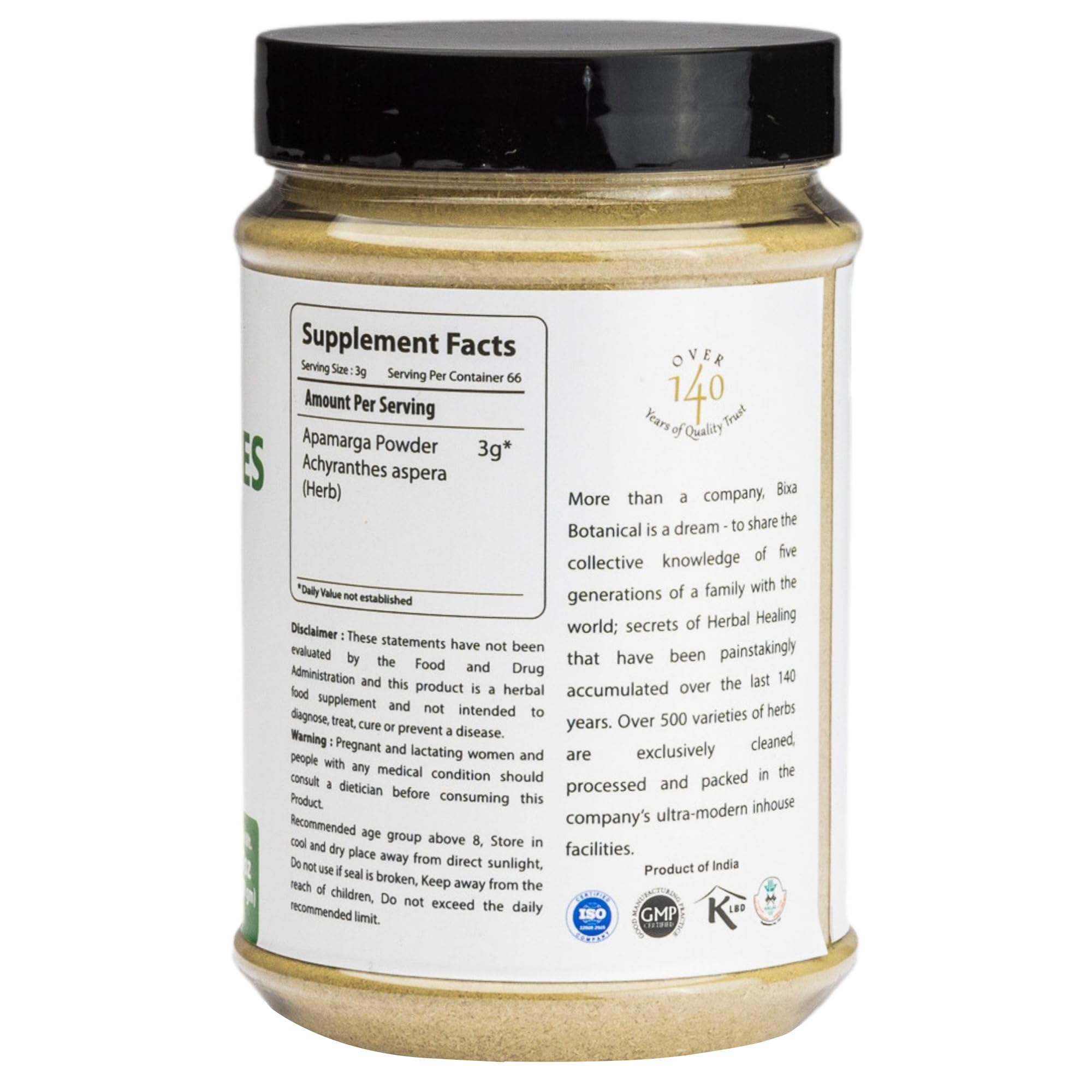 bixa BOTANICAL Apamarga powder packaging display emphasizes gluten-free, vegan, non-GMO quality.