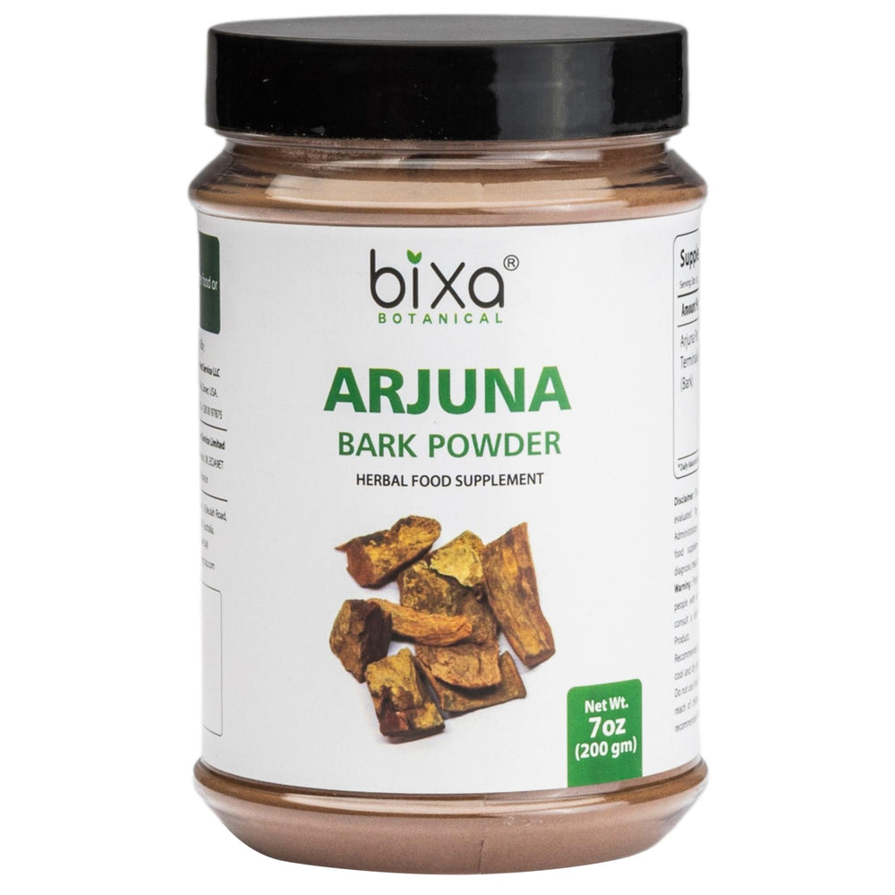 Bixa Botanical Arjuna powder bottle showing premium heart health support.