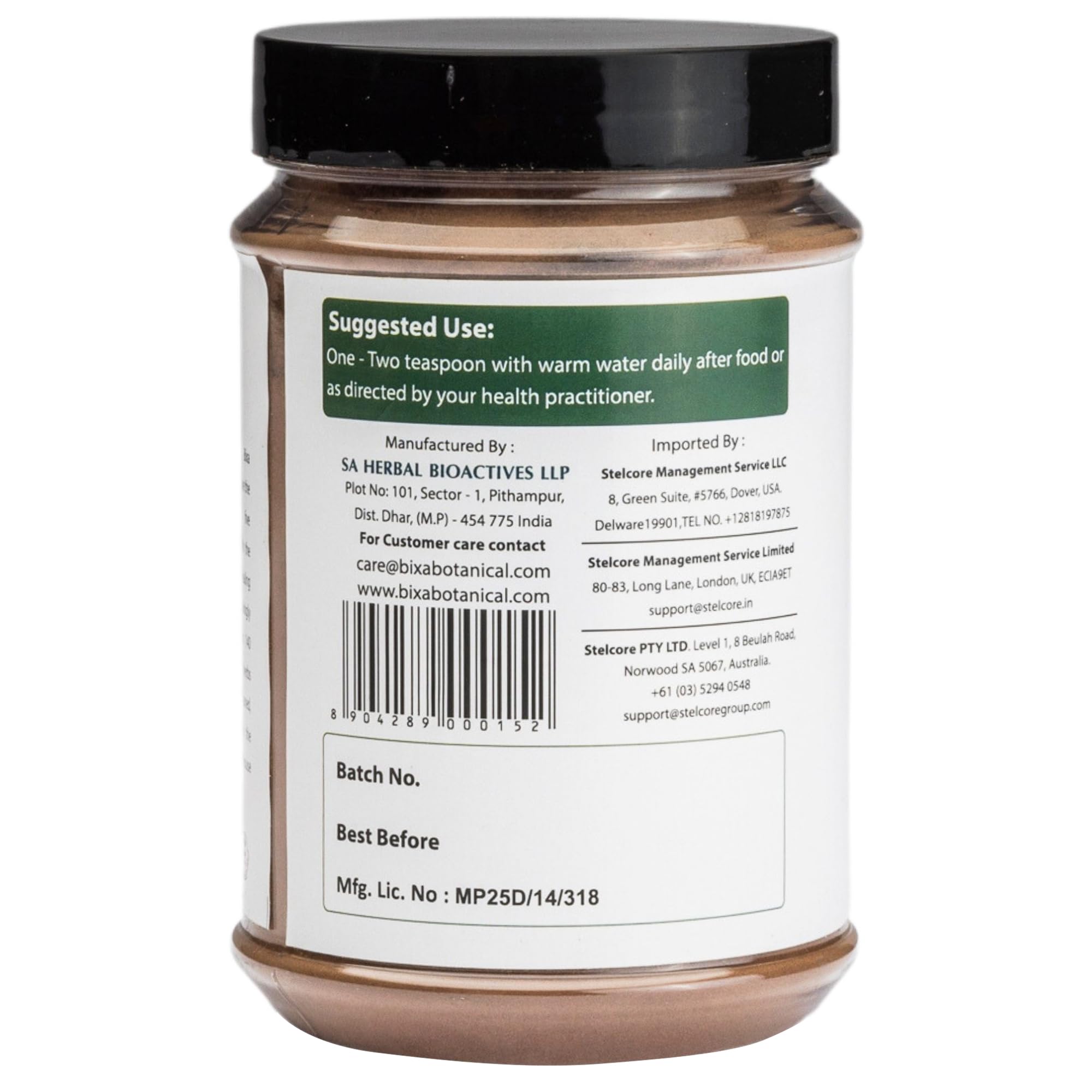 Bixa Botanical Arjuna powder in glass jar shows gluten-free, non-GMO promise.
