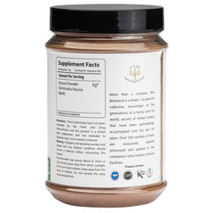 Bixa Botanical Arjuna powder packaging highlights gluten-free and non-GMO features.